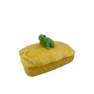 Vintage Ceramic Trinket Box with Frog Lid‎ Yellow 1975 Aldon Made In Japan